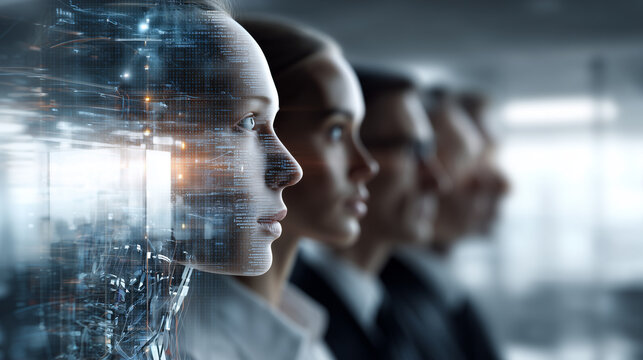 Robot face merging with human profiles in a line, showing AI leadership and human technology integration in a corporate setting