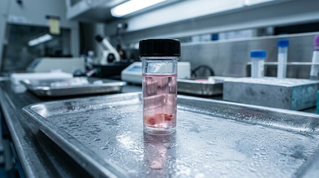 Xenograft biopsy container standing sealed on a chilled laboratory tray - Medical Laboratory and Clinical Research Stock Photo