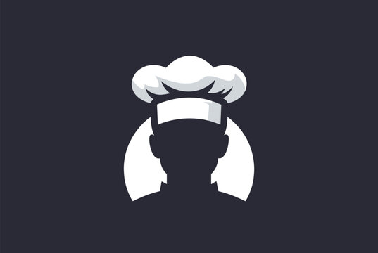 Silhouette icon of a professional chef wearing a classic white culinary hat on a dark background, ideal for restaurant logos.