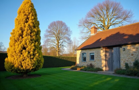 Bright yellow Castlewellan Gold cypress tree stands in green lawn beside stone cottage. Rural garden landscape features manicured hedge, tall deciduous trees under clear blue sky. Traditional house