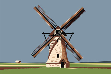 Fototapeta premium Historic stone windmill stands tall in a green country field under a blue sky, hand-drawn vector sketch.