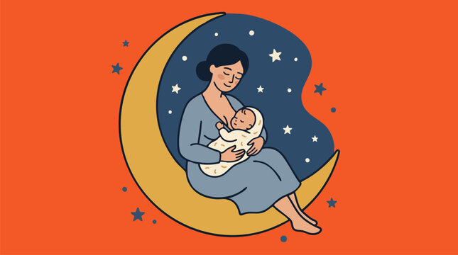 Illustration of a loving mother nursing her newborn baby while sitting on a golden crescent moon under the stars.