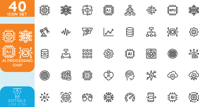 AI Processing Chip line editable Vector illustration icon set. Neural, Quantum, and Embedded AI hardware. Technical icons for deep learning, GPU, TPU, semiconductor, and advanced chipset design.