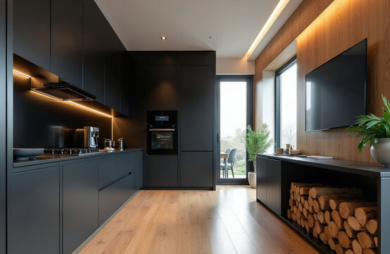 Luxury kitchen features dark matte cabinets, built-in appliances. Modern interior design combines wooden floor with wall panels. TV hangs above storage shelf filled with firewood logs. Spacious room