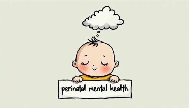 Cute drawing of baby with closed eyes holding sign about perinatal mental health. Cartoon character head thought cloud above looking peaceful. Simple sketch illustrates maternity wellness care,