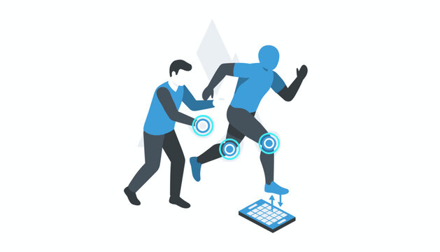 Sports scientist analyzes athlete performance using motion sensors and force plate measurement technology for training optimization.