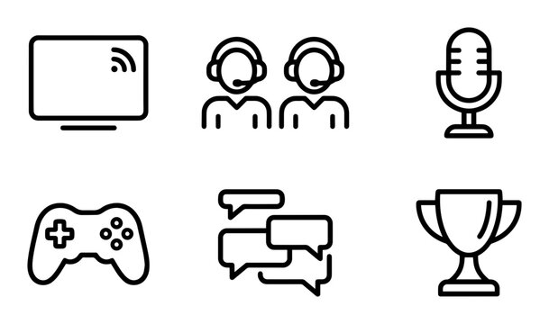 6 Gaming Icons: Monitor, Team, Microphone, Controller, Chat, Trophy, outline solid styles, UI and web interface design