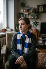 Fototapeta premium Young woman in blue and white scarf sitting quietly in cozy living room