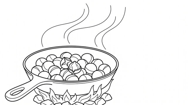 Chestnuts roasting in a cast iron pan over an open flame  