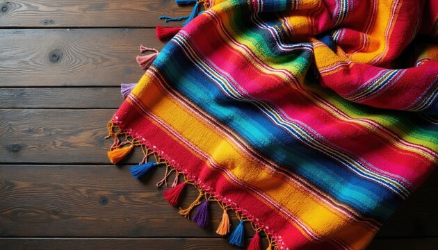 Vibrant Mexican poncho blanket with tassels lies on brown wooden table surface. Colorful striped textile shows traditional folk art style with empty space for creative text design. Handwoven fabric