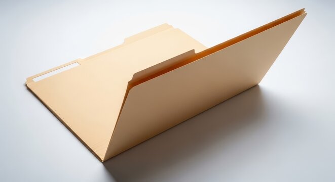 A classic cardstock file folder lies open on a clean white surface, showcasing its tabbed edge and heavy paper texture in a bright setting, organization, archive, durable