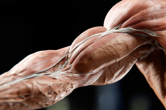 Anatomical 3D model showing human arm muscular system, detailed view of biceps and shoulder muscles structure with white tendons and fiber textures over dark background
