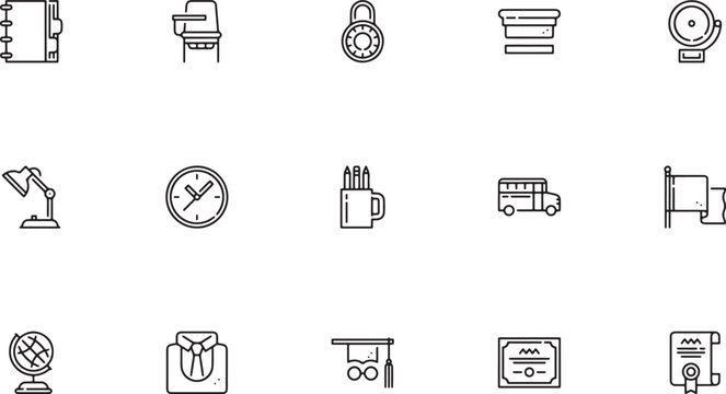 School & Education Icon, School and academic education outline vector icon collection featuring classroom student desks combination locks wall clocks pencil cups and yellow buses