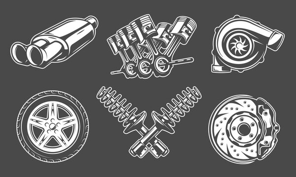 Car part icon set includes a turbocharger, pistons, exhaust pipe, brake disc, wheel and suspension springs. Design element for auto repair and car service. Vector illustration