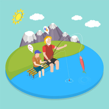 3D Isometric Flat Vector Illustration of Fishing with Grandfather, Joyful Senior And Grandson Fishing Together