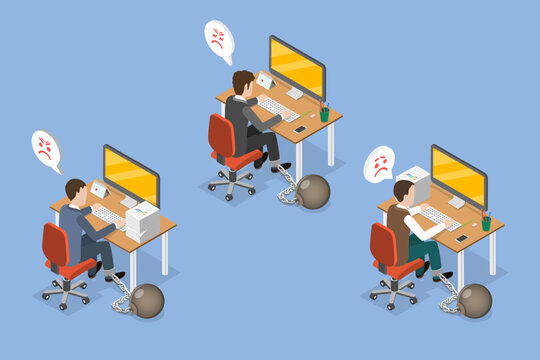 3D Isometric Flat Vector Illustration of Labor Exploitation, Businessmen Chained To Computers In Iron Balls