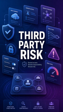 Digital cybersecurity illustration showing third party risk, vendor access, data sharing, consent controls, and risk monitoring dashboard elements.