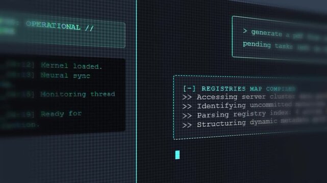 AI Artificial Intelligence Thinking Process. AI prompt console user interface displaying real-time thinking & command execution, cyber system telemetry, digital code script typing, & smart automation