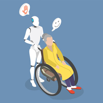 3D Isometric Flat Vector Illustration of Robot Helping A Senior, AI Assisting Wheelchair-Bound Senior, A Concept In Healthcare Robotics, Isolated Environment.