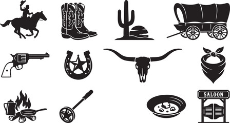 Obraz premium Collection of wild west themed black silhouette featuring a cowboy on horseback, leather boots, cactus, covered wagon, revolver, horseshoe, skull, bandana, and saloon doors