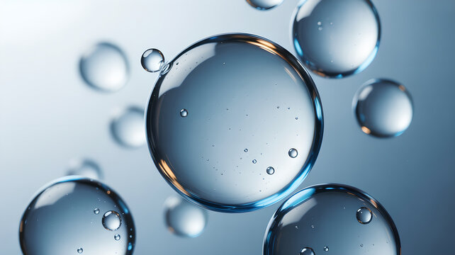 Macro close up of transparent water spheres floating in a clean blue liquid environment