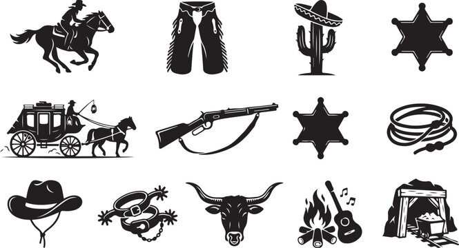 Set of western themed including a rider on horseback, leather chaps, cactus with sombrero, sheriff star badge, stagecoach, rifle, lasso, cowboy hat, spurs, and campfire