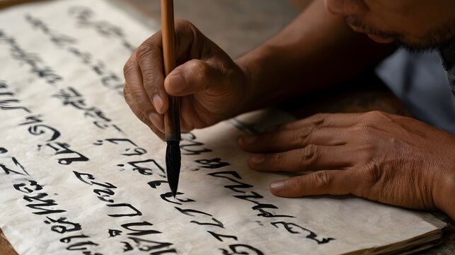 A person carefully writes intricate black script on aged paper using a traditional brush held in their hand