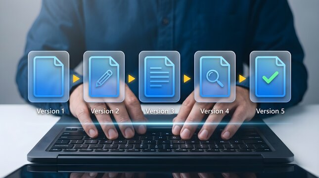 Document Version Control with Revision History and Change Tracking. Businessperson Using Laptop Computer to Edit Documents