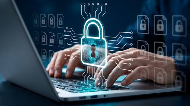 Information Security and Secure Data Encryption. Confidentiality Protection and Access Control. Businessman Using Laptop with Secure File Management