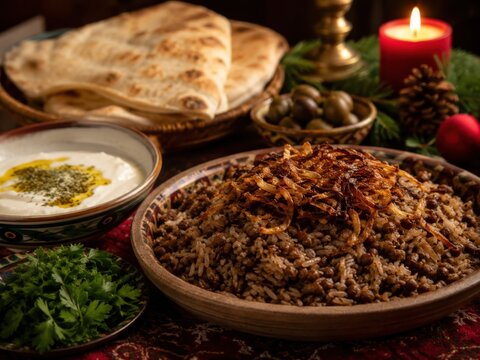 Traditionelle Mujaddara mit Linsen, Reis und R&ouml;stzwiebeln auf syrischer Weihnachtstafel, serviert mit Joghurt, Fladenbrot und Oliven im Kerzenschein.