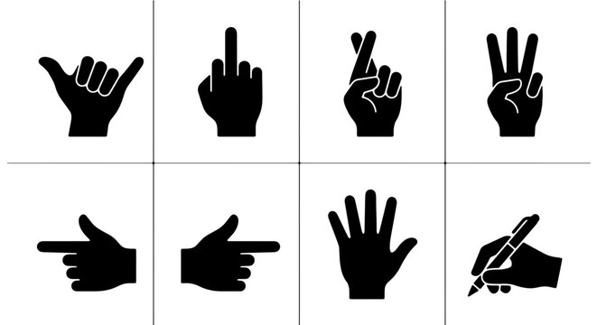 Gesture Icon Set: Shaka, Middle Finger, Crossed Fingers, Three Fingers, Pointing Arrows, Open Palm, Pen Writing, Hand Signals Collection, Vector Graphics