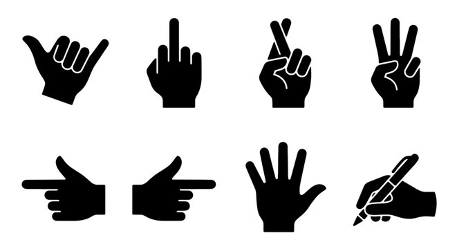 Gesture Icon Set: Shaka, Middle Finger, Crossed Fingers, Three Fingers, Pointing Hands, Open Palm, Writing Hand Icons
