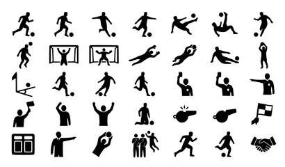 Fototapeta premium Soccer action and referee silhouette icon set with football players kicking dribbling celebrating and official signals isolated on white background