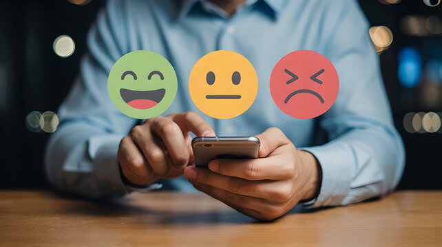 Person using smartphone to provide customer service feedback with digital rating icons on blurred background