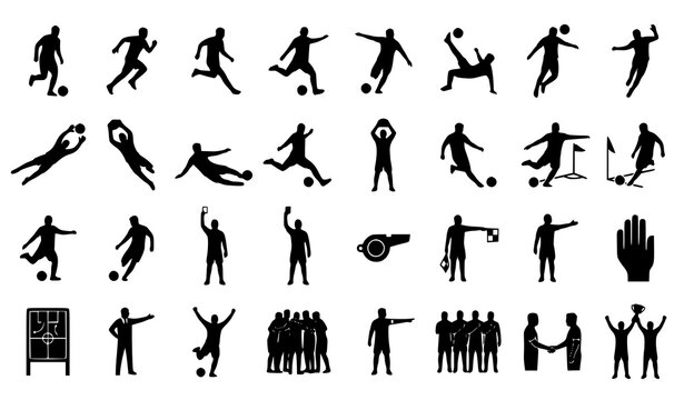 Minimal soccer player and referee silhouette vector icon set with football actions official signals goalkeeper poses and match celebration isolated on white background
