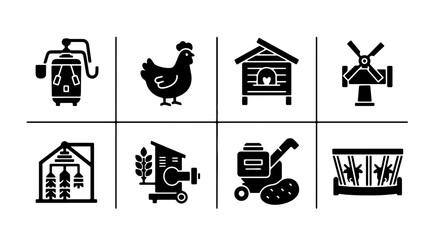 Farm Icons Set: Chicken Coop, Mill, Greenhouse, Harvester, Vintage Equipment, Agriculture Symbols © Kabir