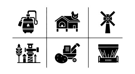 Farm Equipment Icons: Silo, Windmill, Chicken Coop, Harvester, Still, Planter Vector Set. Agricultural Technology & Rural Industry Graphics. © Kabir