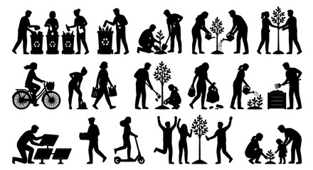 Obraz premium Eco-Friendly Lifestyle Silhouettes: Recycling, Gardening, Cycling, Solar Power, 25 Elements