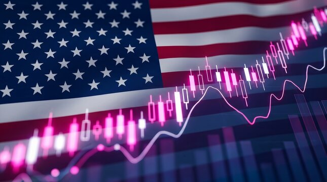 US flag merged with glowing financial chart bars and rising market lines symbolizing national economic trends, investment dynamics, and future market movement.