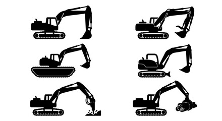Excavator Vector Icons Set, Construction Machinery Silhouettes, Heavy Equipment Illustrations, Digging Machine Graphics © Tokiyo