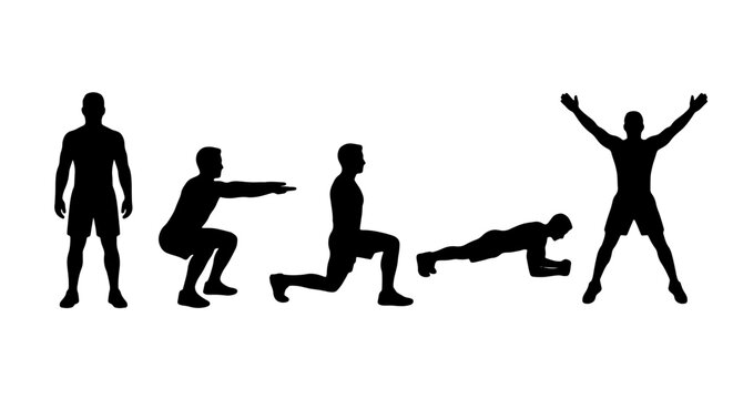 Fitness Exercise Silhouettes: Jumping Jack, Squat, Lunge, Plank, Standing Man Vector Set for Workout and Health Concepts