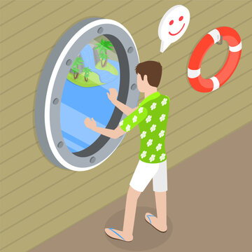 3D Isometric Flat Vector Illustration of Inside Cruise Ship, Intrigued Male Traveler Observes Sea Through ShipS Porthole, Mesmerized By Constant Changes.