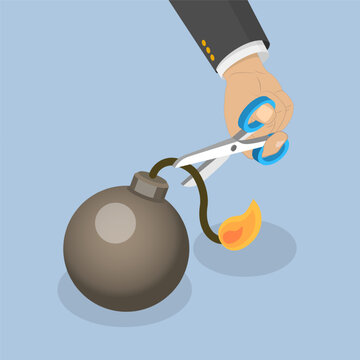 3D Isometric Flat Vector Illustration of Bomb Defusing, Hand Using Scissors To Cut Fuse Of Bomb, Problem Solving Concept
