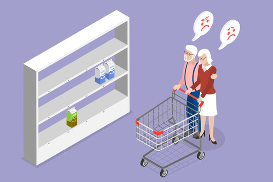 3D Isometric Flat Vector Illustration of Food Insecurity, Elderly Couple In Supermarket Faces Frustration Due To Empty Shelves.