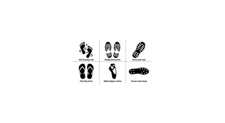 Footprint Icons Set, Shoe Soles and Bare Feet Vector Graphics, Diverse Footwear Impressions for Walking and Movement Concepts © Habib