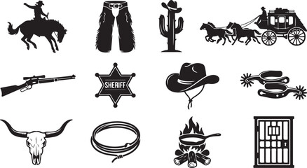 Collection of black silhouette featuring western themes including a cowboy on a bucking horse, sheriff star badge, longhorn skull, lasso rope, campfire, and stagecoach wagon © RobiulIslam