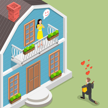 3D Isometric Flat Vector Illustration of Serenade, Man Singing to Woman With Guitar On Balcony In Romantic Gesture.
