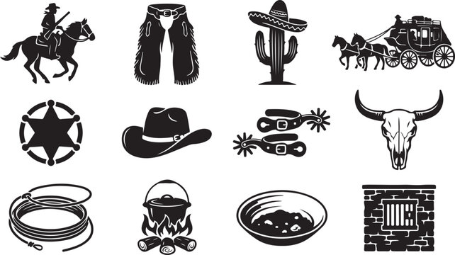 Collection of black silhouette depicting american old west including a cowboy, stagecoach, cactus, sheriff badge, lasso, campfire, gold pan, and jail window on white background
