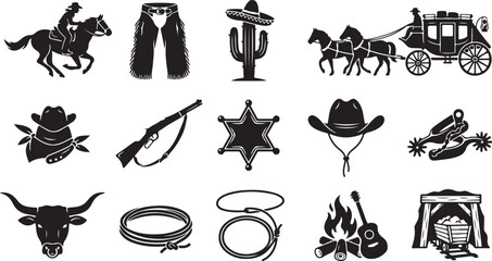 Collection of wild west themed black silhouette featuring a cowboy on horseback, stagecoach, cactus, sheriff star, lasso, bull skull, campfire, and mining cart on white background © RobiulIslam