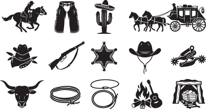Collection of wild west themed black silhouette featuring a cowboy on horseback, stagecoach, cactus, sheriff star, lasso, bull skull, campfire, and mining cart on white background